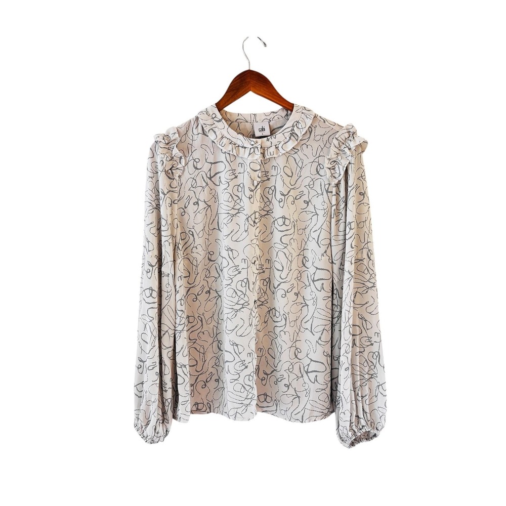 CAbi Ribbon Trim Blouse Top Womens L White Ruffle Long Sleeve Career Style #4232